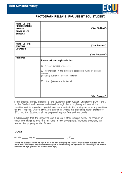 legal photo release form for students: granting permission for subject photography with purpose template