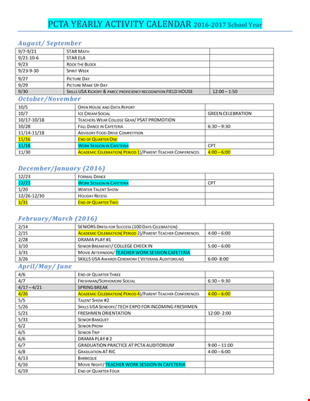 yearly activity calendar template template