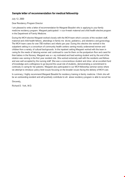 letter of recommendation for medical fellowship template