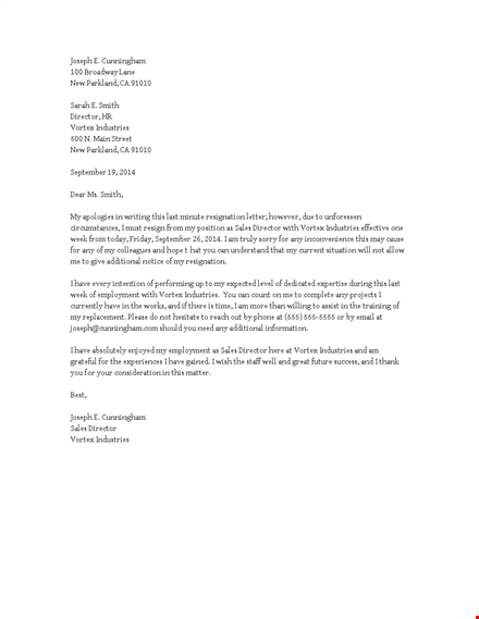 last minute resignation letter example template