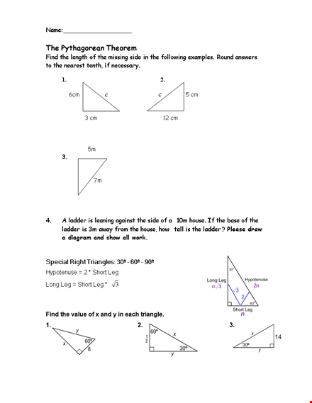 pythagorean theorem finding length template