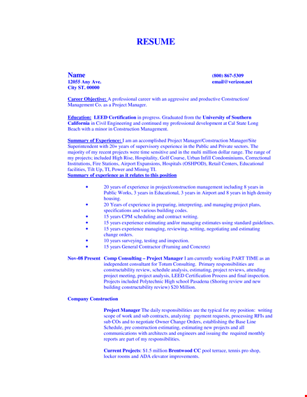 construction management resume template template