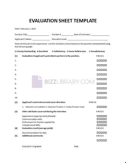 evaluation sheet template template