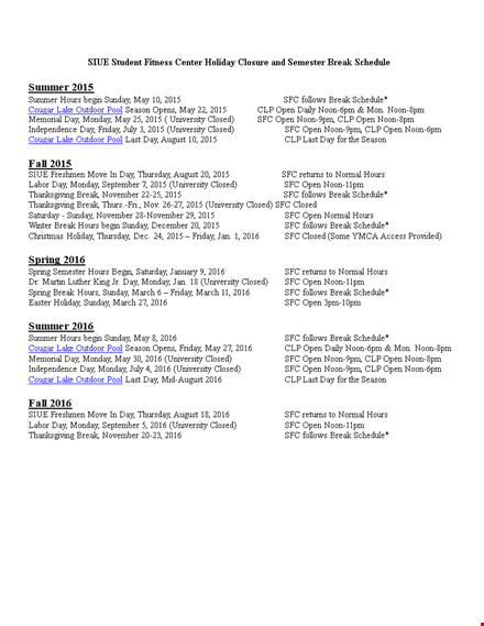 holiday hours and semester break schedule - plan your break efficiently template