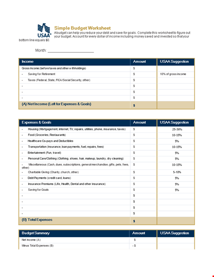 simple budget worksheet template template