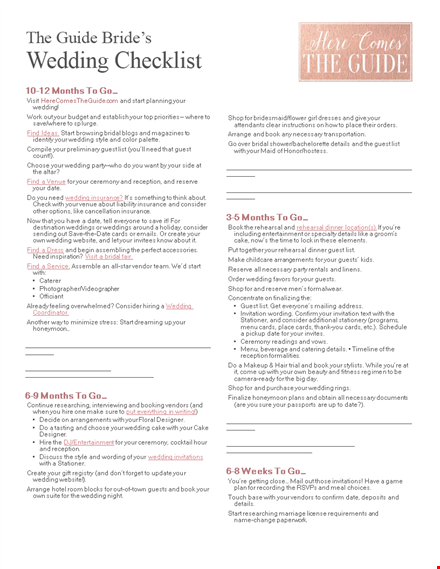 printable wedding party checklist: planner for your wedding, guests, cards & reception template