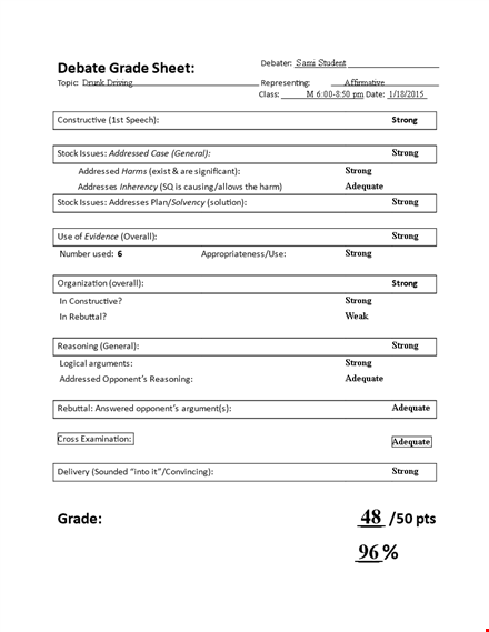 debate grade sheet template