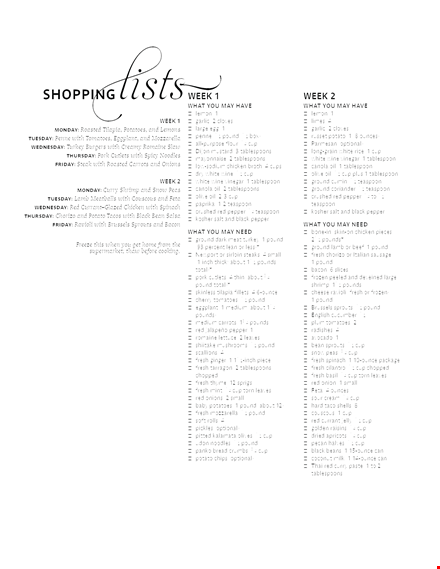 meal plan shopping list template - fresh ingredients, pounds, tablespoons template