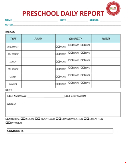 preschool daily sheet | notes | snack template