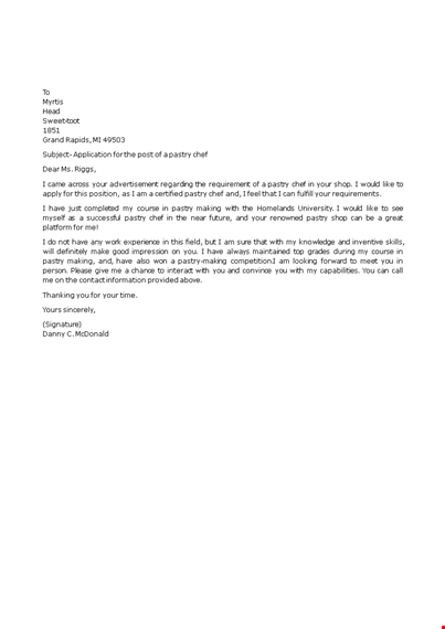 job application letter for pastry chef template