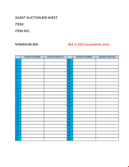 efficient silent auction bid sheet - record bids by bidder, number, and amount template