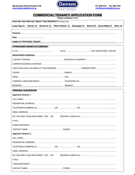 commercial tenant lease application form - landlord, address, information, phone & tenancy template