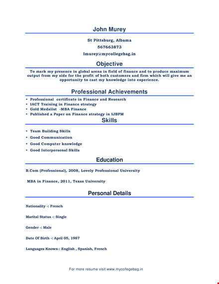 mba fresher resume sample template