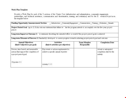 work plan template - project period and outcome for completion template