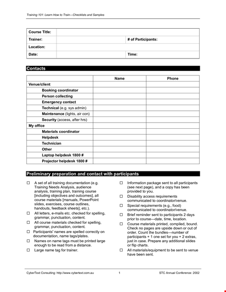 pdf format of training checklists template template