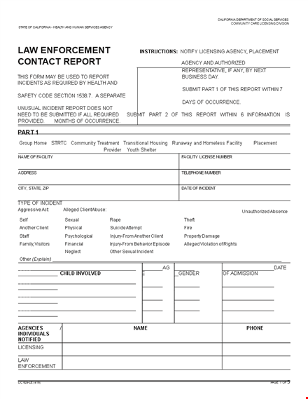 law enforcement contact report - report incident, facility, treatment guide template