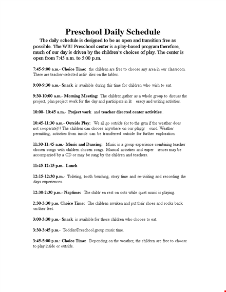 Preschool Daily Schedule