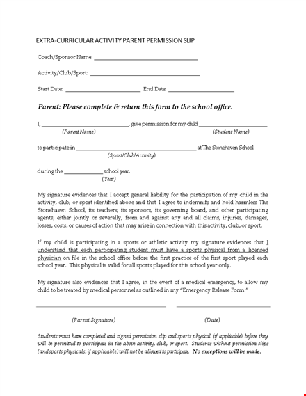 parent permission slip sample template