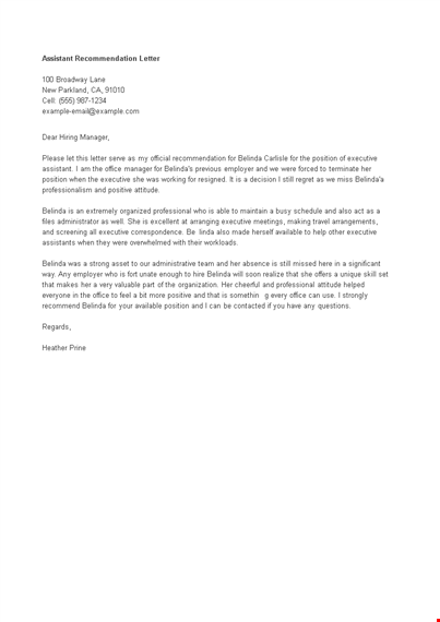 personal assistant letter of recommendation template