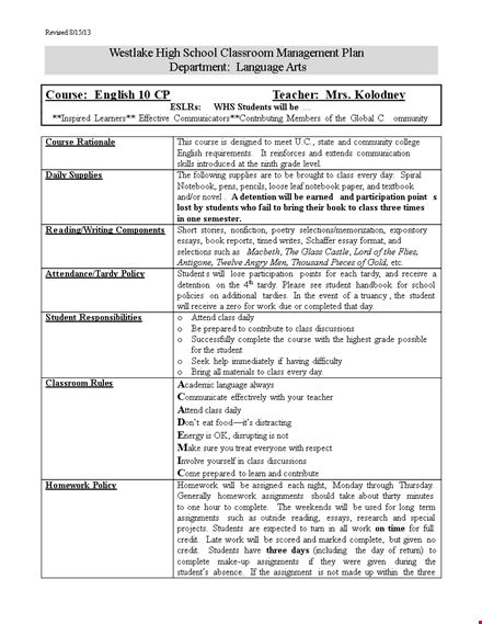 effective classroom management plan for student success in class - assignments included template