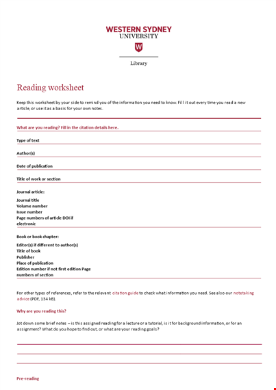 reading worksheet template