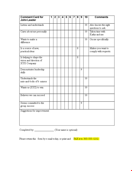 comment card template template