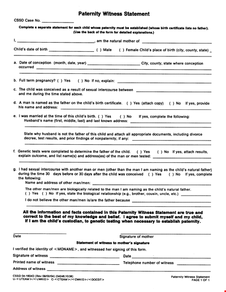 paternity witness statement | legal form template | affidavit | notarized template