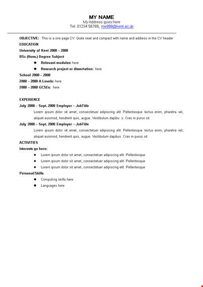 one page curriculum vitae format template