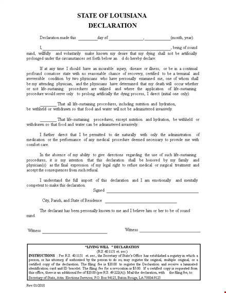 living will template - create your state declaration for end-of-life sustaining procedures template