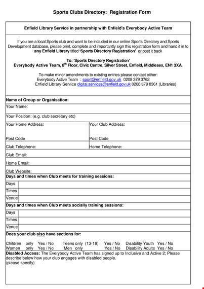 sports clubs registration form - join now for active sports opportunities template