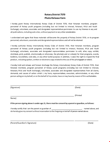 photo release form for rotary district youth - including hereby consent template