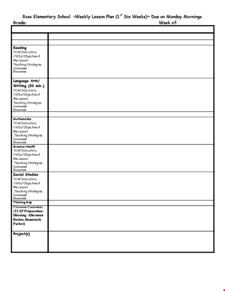 elementary weekly lesson plan template template