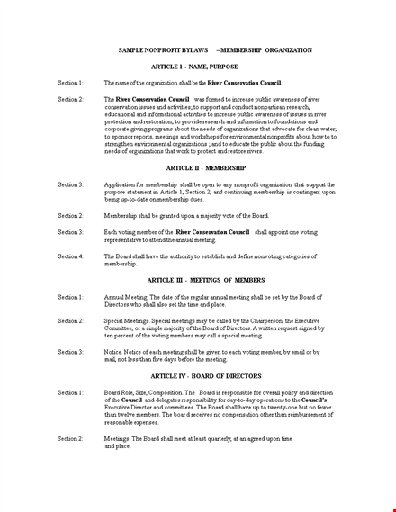 corporate bylaws: sections on members, board, and more template