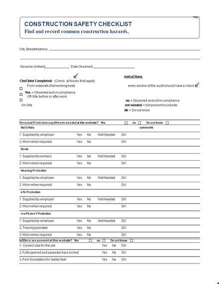 construction safety checklist template template