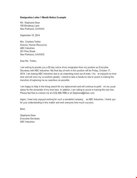 resignation letter month notice example template