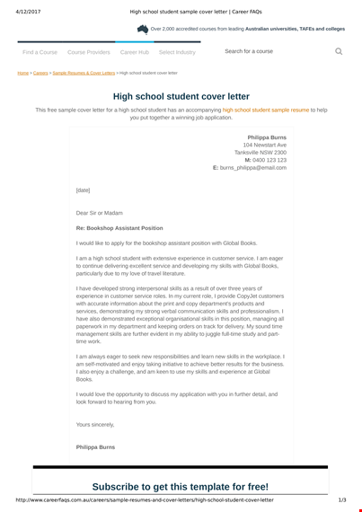 job application letter for high school student template