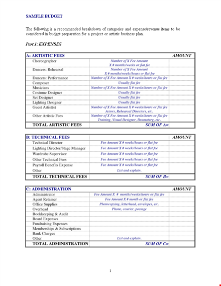 dance production budget template template