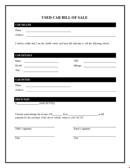 printable used car bill of sale form - free template download template