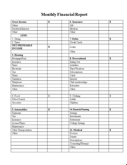 monthly financial report - insurance, taxes, other income template