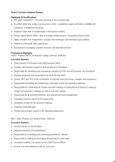 senior executive assistant resume template