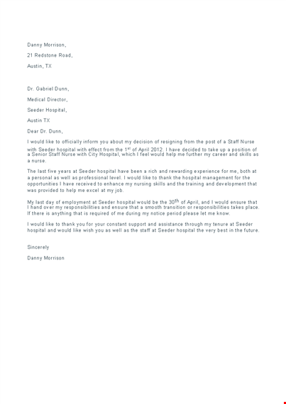 staff nurse resignation letter template