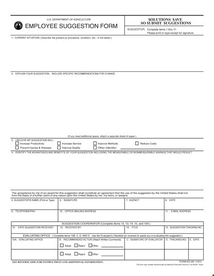 sample employee suggestion evaluation form - complete suggestion items, signature template