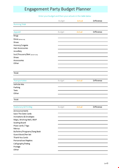 engagement party budget template - manage budget, totals, actual expenses, and differences template