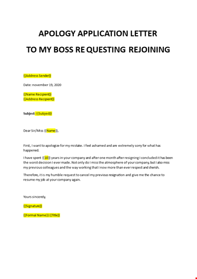 apology application letter to my boss regarding rejoining template