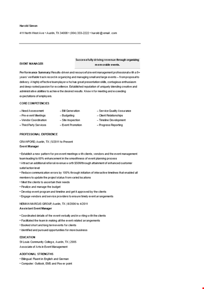 event manager resume template