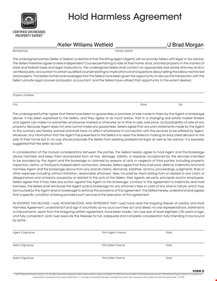 hold harmless agreement template for agent, seller, and brokerage - protect your business template