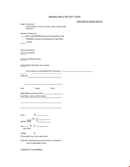 missing meal receipt form template