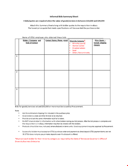 bidders summary sheet: compare informal bids & bidder selection template