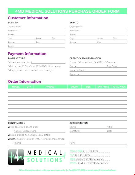 medical purchase order form - order information, phone template