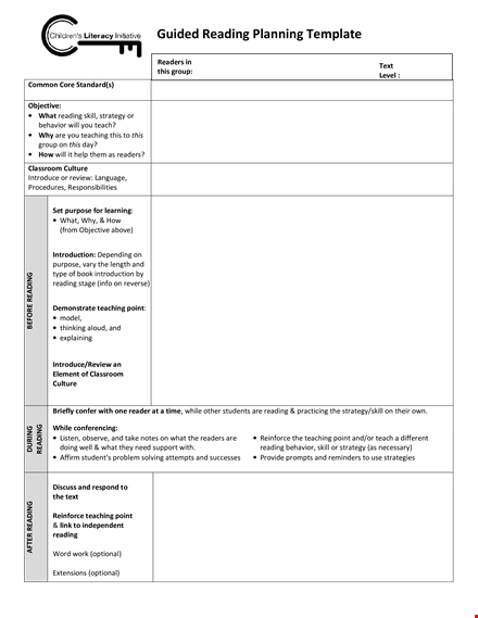 reading group lesson plan template: teaching point and strategies for readers template